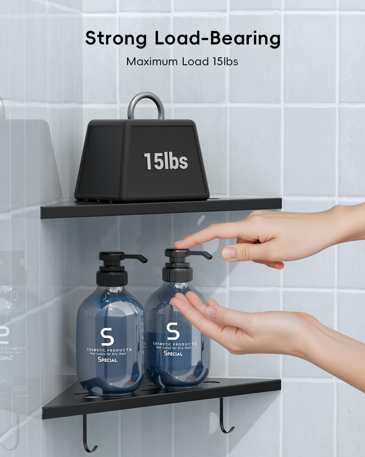 DAYONE Matte Black Corner Shower Shelf 2 Pack 10", Bathroom Corner Shower Organizer Shelf for Tiled Wall, SUS304 Stainless Steel Slot Design Recessed Organizer Shelves with 2 Hooks and 4 Holes