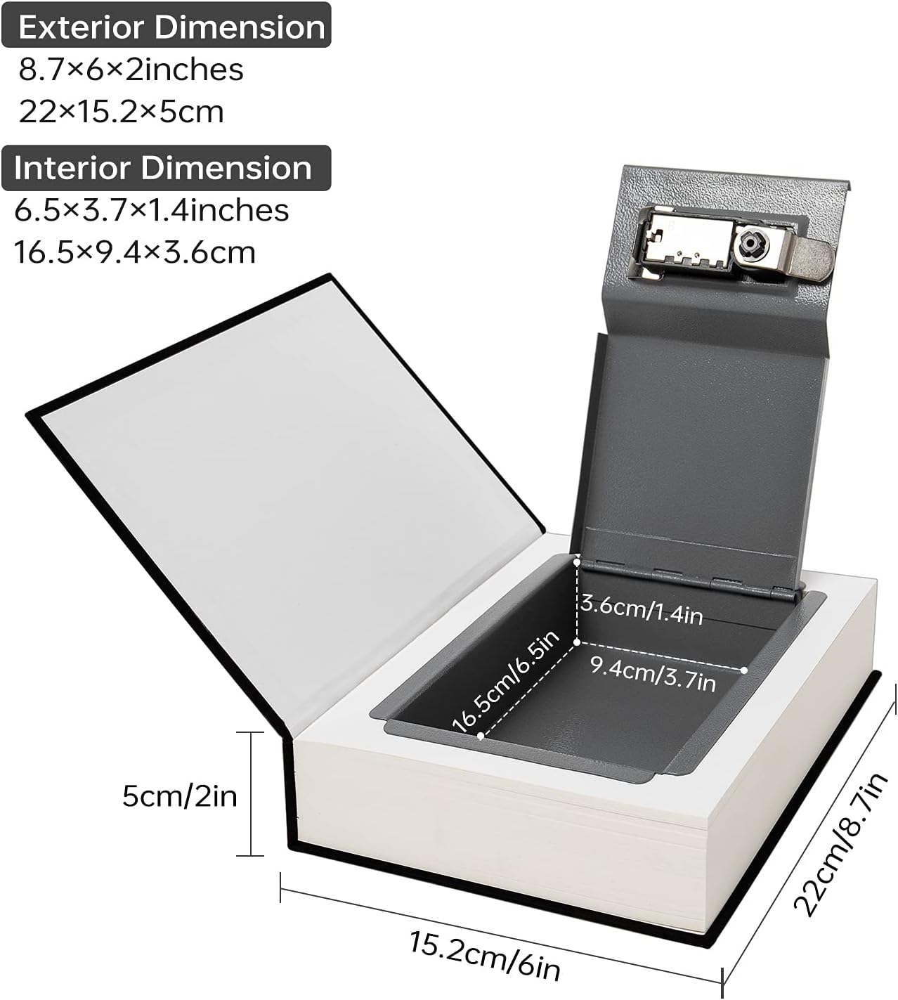 Leather Book Safe (Size 10.79"×7.72"×1.97") Real Paper Secret for Jewelry, Money and Cash, Diversion Book Safe,Hollow with Hidden, Combination Lock (L, Black-Combination)