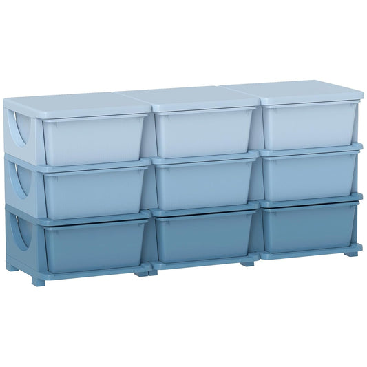 Qaba 3 Tier Kids Storage Unit, 9 Drawer Chest Toy Organizer Plastic Bins for Kids Bedroom Nursery Kindergarten Living Room for Boys Girls Toddlers, Blue