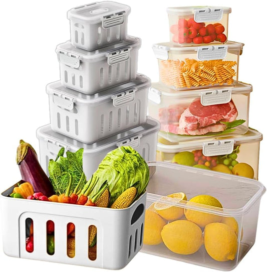 5-Pack Fruit Containers for Fridge Keep Fresh – Airtight Food Containers with Lids, Produce Saver with Removable Colander, Fridge Organizers, Microwave & Dishwasher Safe (White)