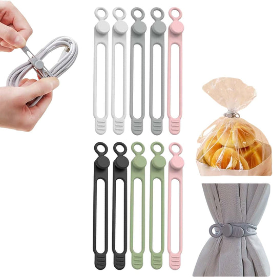 Data Cable Organizer, Silicone Cable Ties Reusable - Elastic Cord Organizer for Electronics, Adjustable Wire Ties for Cable Management,Computer Wires,Phone Charger,Earphone,Home Office (Mix, 5PCS)