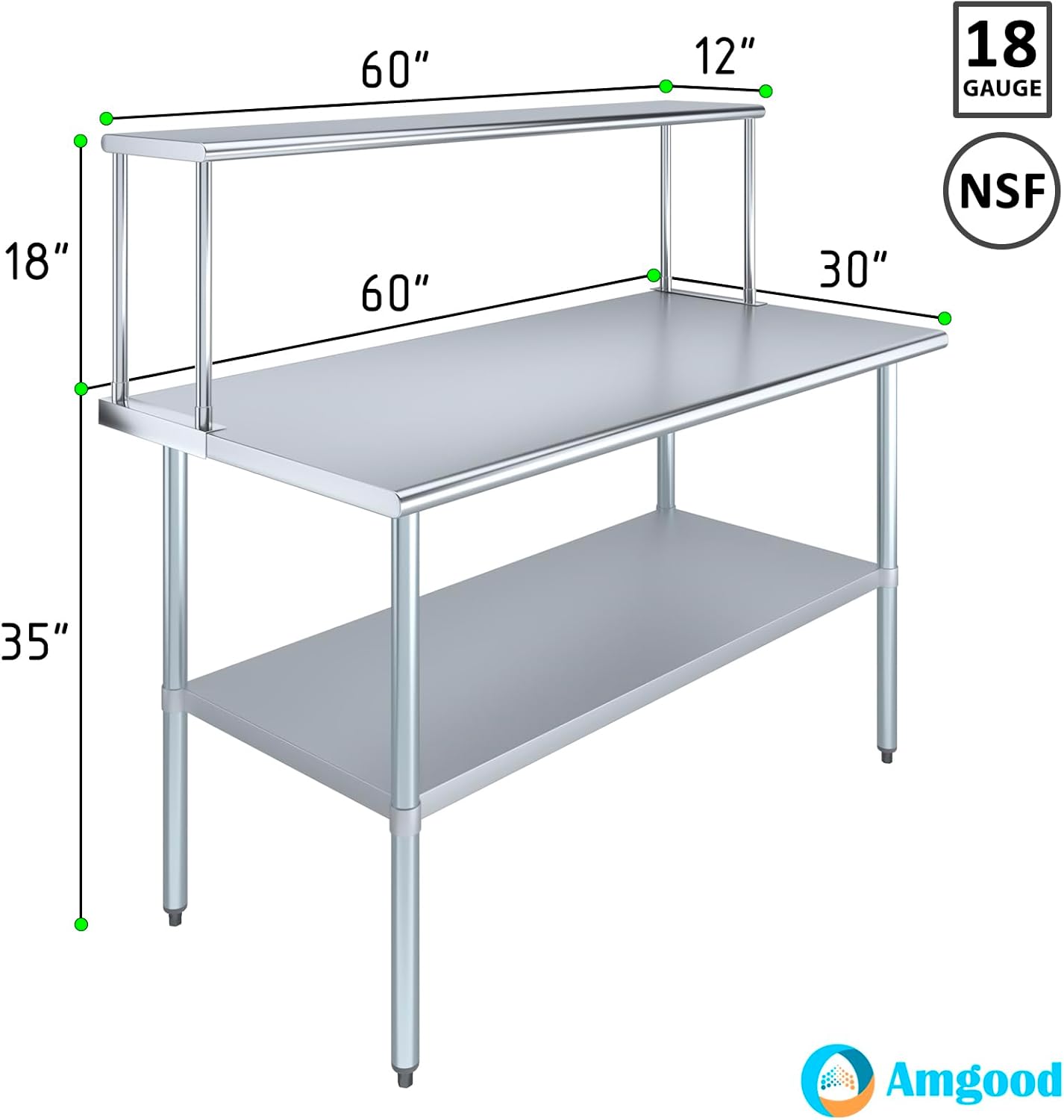 Stainless Steel Work Table with Wide Single Tier Overshelf | Metal Kitchen Prep Table & Shelving Combo (30" x 60" Work Table + 12" Overshelf)