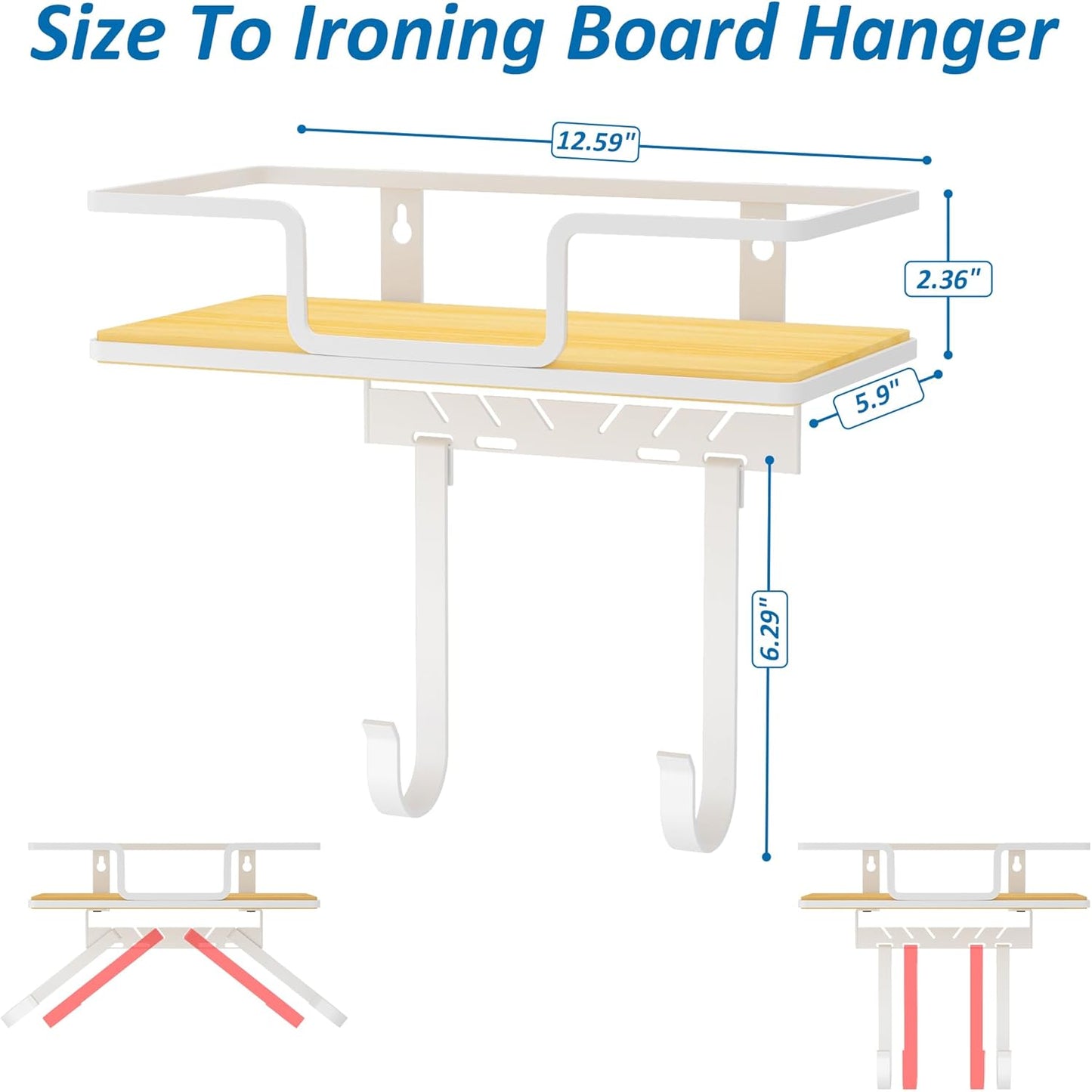 efluky Ironing Board Hanger with Removable Hooks, Ironing Board Holder Wall Mount for T/Y Legs, 12.59" L x 5.9" W x 2.36" H, White