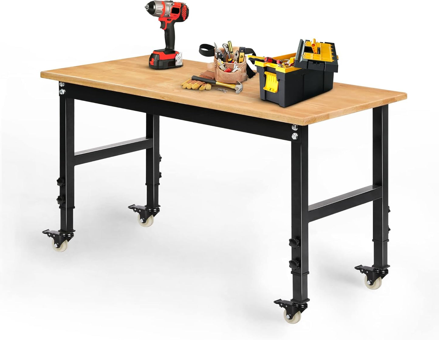 Betterhood 48" Heavy-Duty Adjustable Workbench for Garage, Rubber Wood Shop Table W/Metal Wheels, Hardwood Workstation Weight Capacity Over 2000 Lbs with Wheels