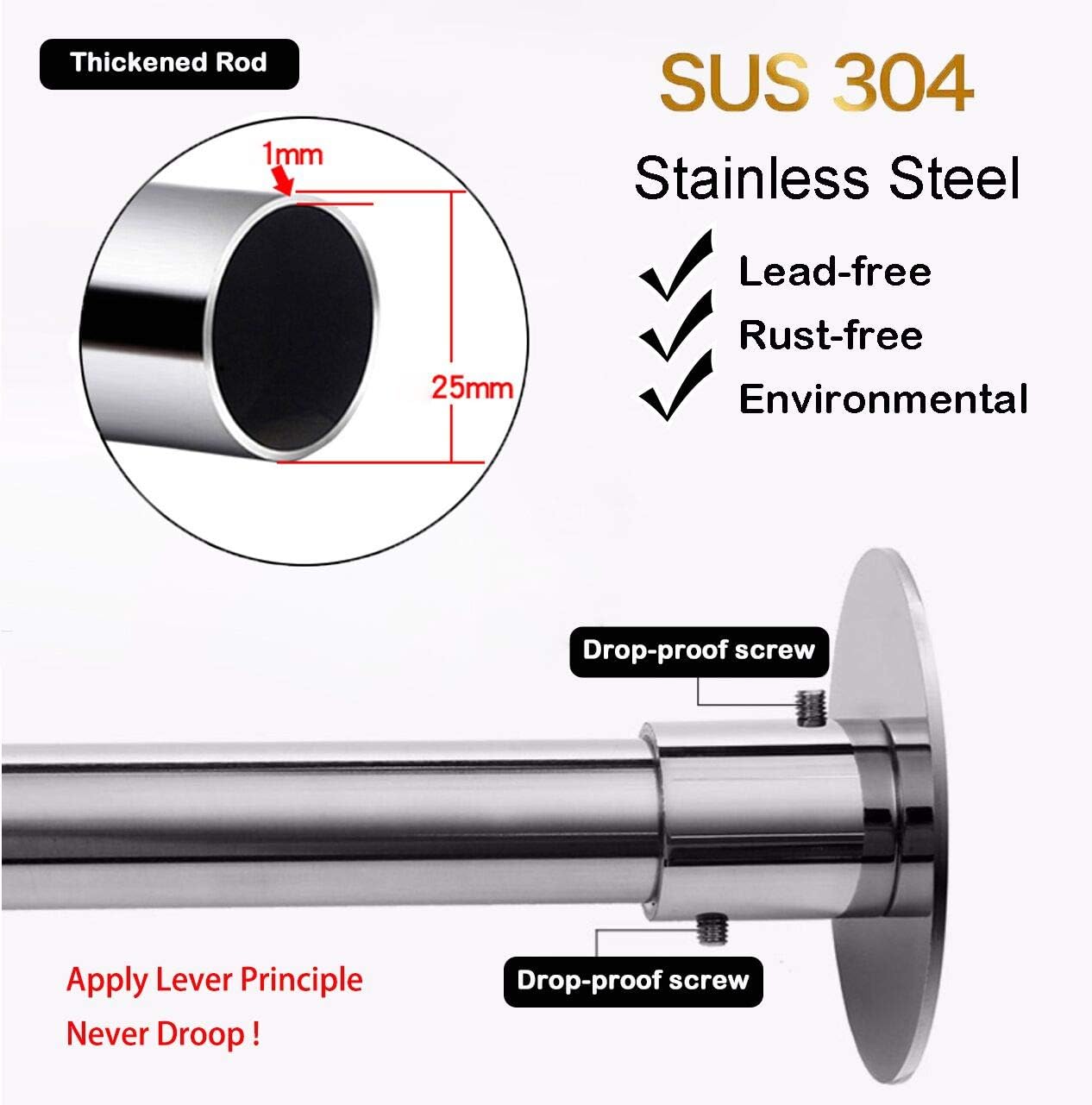 Corner Shower Curtain Rod Adjustable Stainless Steel L Shaped Rack Drill Free Install for Bathroom, Bathtub, Clothing Store (35.5"-51.2" x 35.5"-51.2")