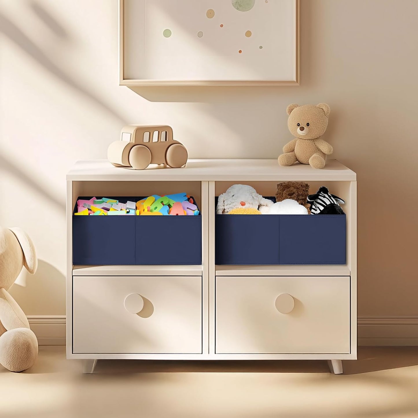 DIMJ Large Closet Shelf Organizer Bins 8Packs with Handles and Divider, Fabric Trapezoid Storage Baskets, Foldable Clothes Containers Box for Shelf, Towel, Book, Toy, Purse, Hats, Navy Blue