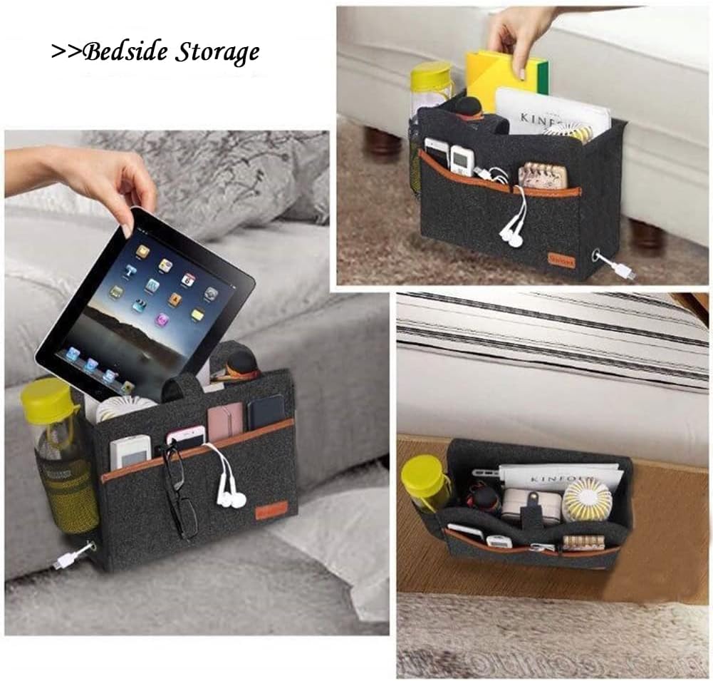 Bedside Caddy,Felt Bedside Storage Organizer, Hanging Storage for Dorm Bed Sofa for tablet Magazine Phone Remotes and Water Bottle Holder (Black)