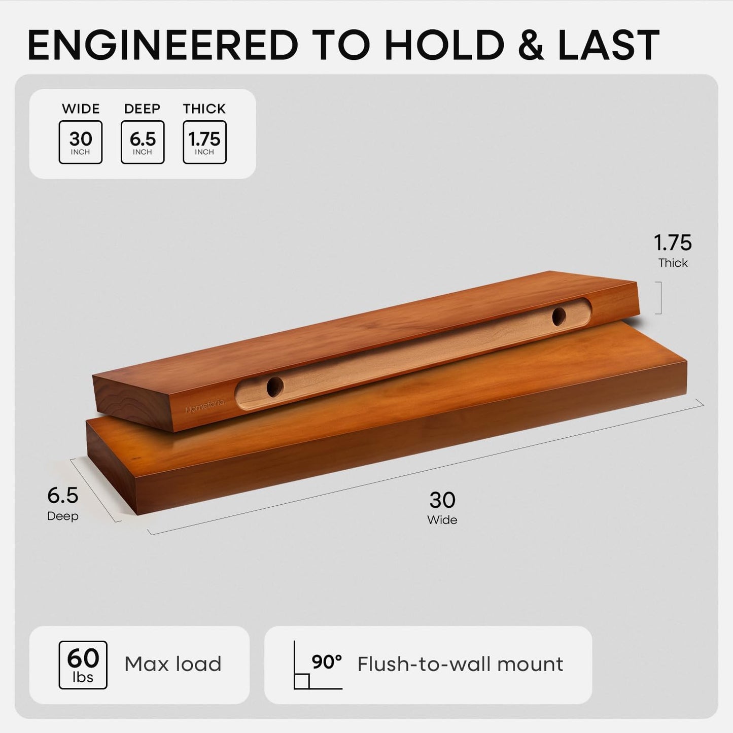 Homeforia Oak Floating Shelves 30 inch Long, High End Solid Real Wood 30inch Floating Shelves for Wall Mounted, Honey Oak Wooden 30in Floating Shelf, Heavy Duty Bracket, 30 X 6.5 X 1.75 in, Set of 3