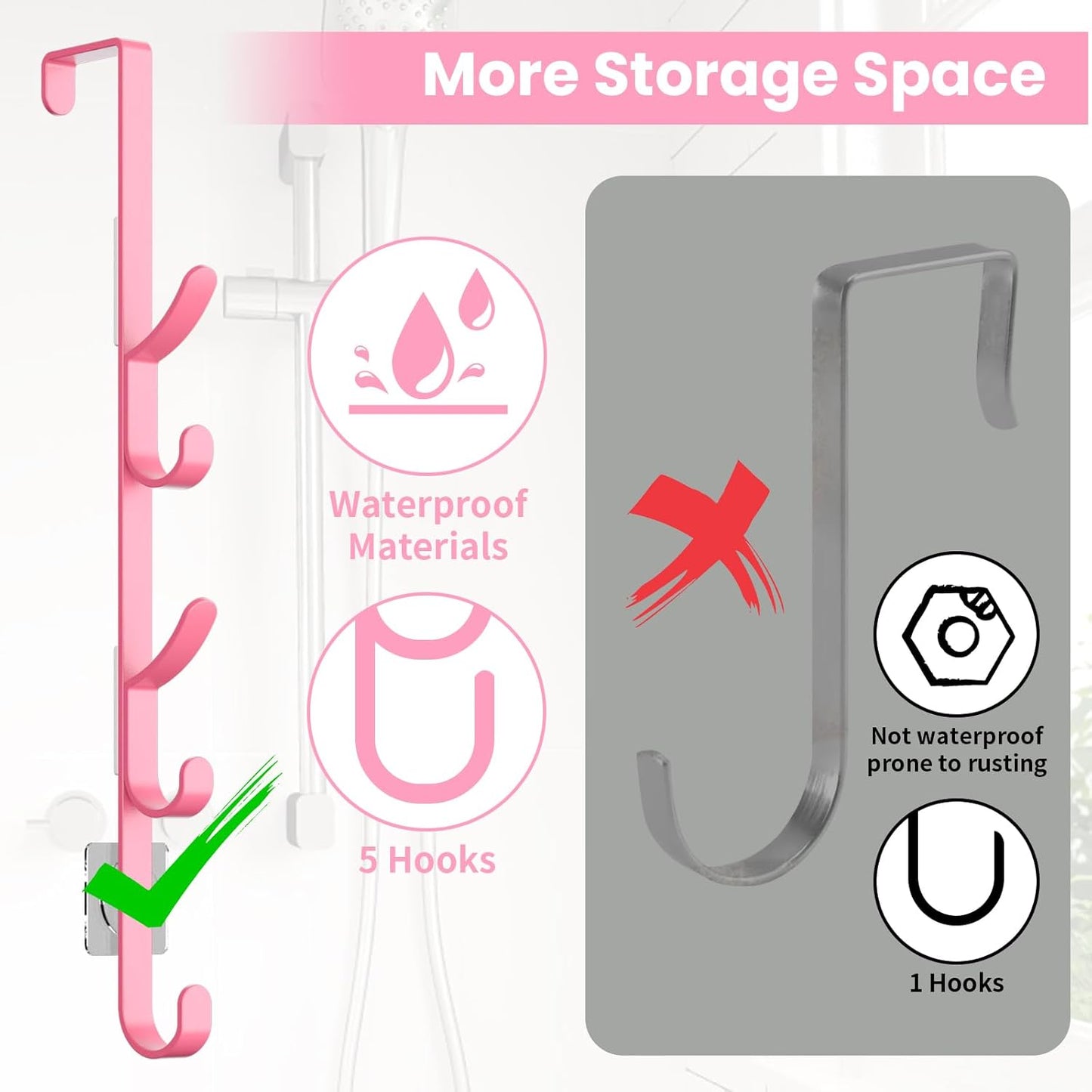 Over The Door Hooks, Metal Door Hooks for Hanging, Over The Door Purse Organizer for Coat Hanger, Back of Shower Door for Hanging Towel Rack Clothes, Hat, Bathroom, Closet (Pink-3Packs)