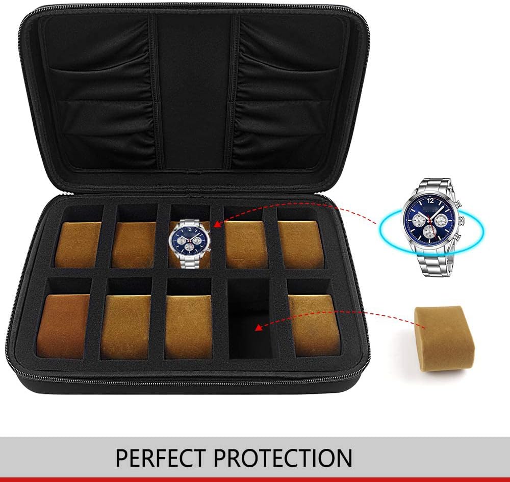 Comecase 10 Slots Watch Box Organizer/Men Watch Display Storage Case Fits All Watches up to 42mm with Extra 4 Pocket (Black)