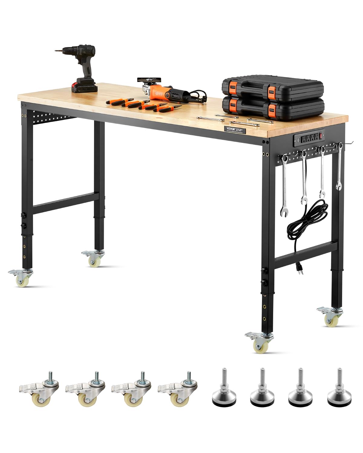 VEVOR Adjustable Workbench, 60 Inch Work Bench with Power Outlet, Wheels, and Pegboard, 2000 lbs Load Heavy Duty Oak Wood Top Work Table for Garage, Workshop, Office, and Home
