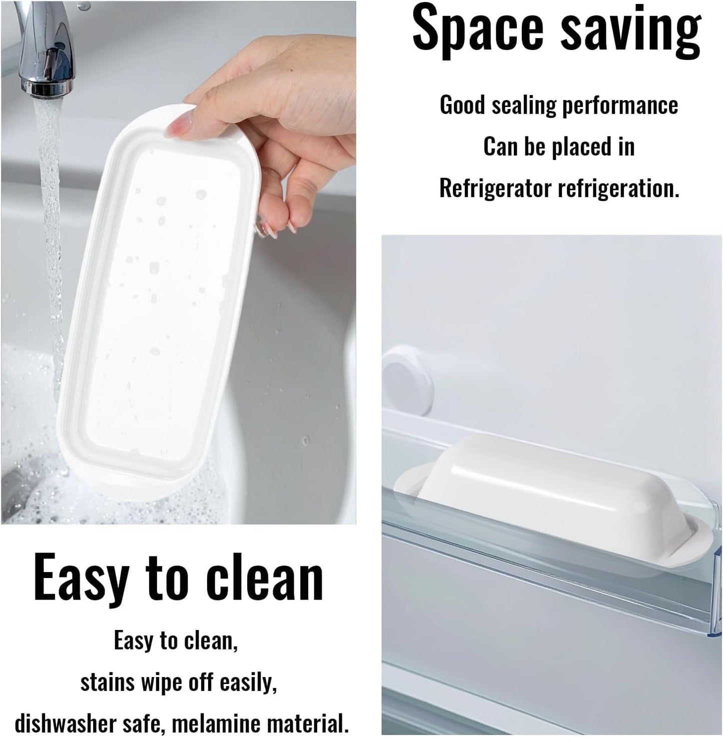 Butter Dish with Lid and Knife, Durable Countertop & Fridge Butter Keeper, BPA-Free Melamine Butter Container, Dishwasher Safe, Fits East/West Coast Butter Sticks (White)