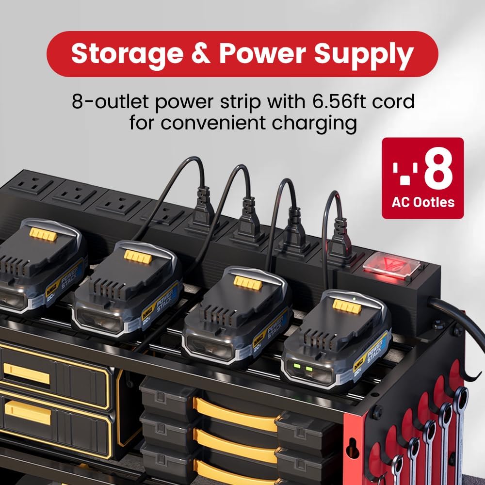 4 Layers Power Tool Organizer Wall Mount with Power Strip, Heavy Duty Metal Tool Shelf, 400lbs Capacity for Cordless Drills, Batteries & Garage Storage (8 Slots with 8 Outlets Power Strip)