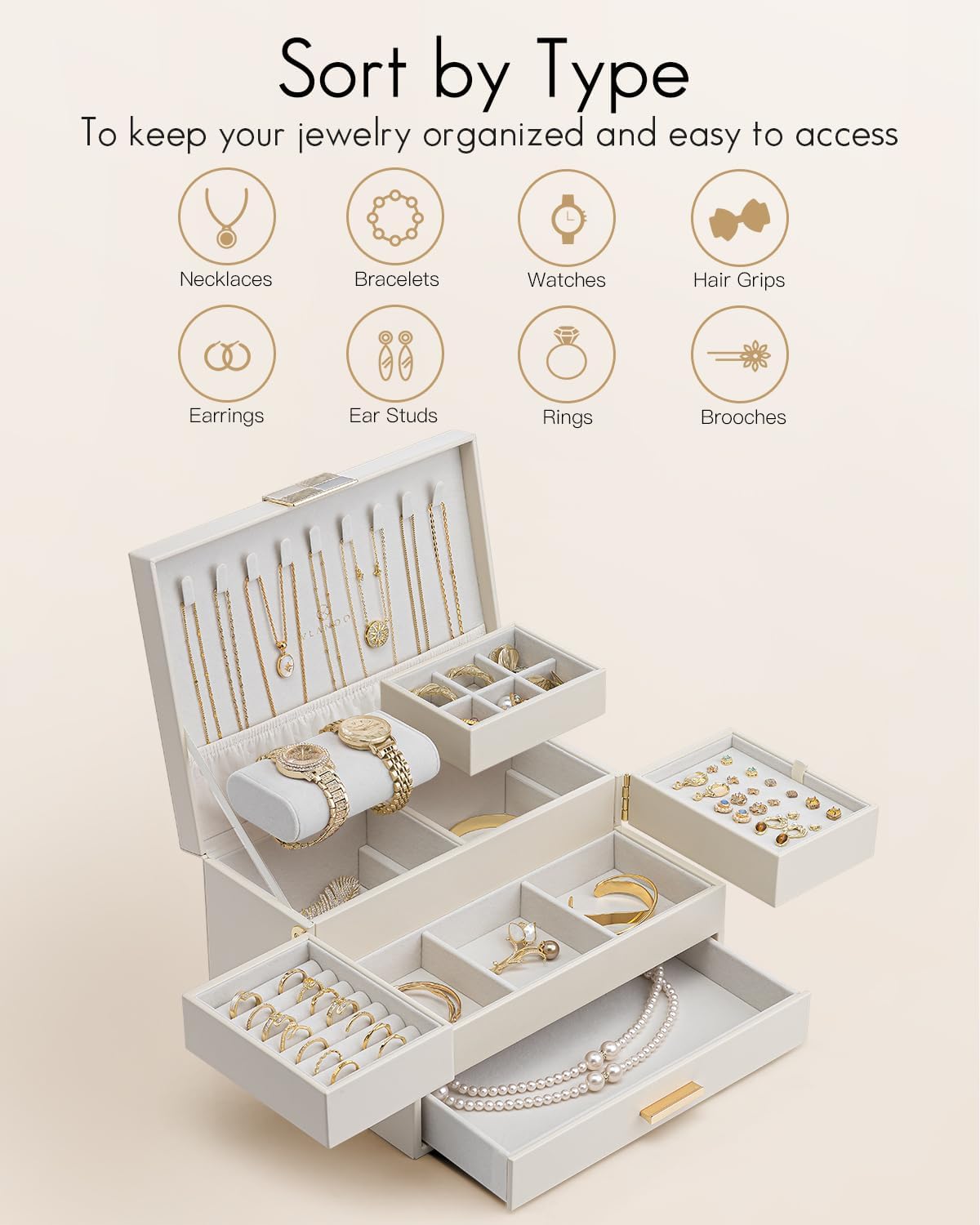 Vlando 3 Layer Jewelry Box - Women Jewelry Box with Retractable Tray - Jewelry Organizers with Drawer for Necklaces, Rings, Bracelets, Earrings, Gift for Couples Mom Girls - Could White