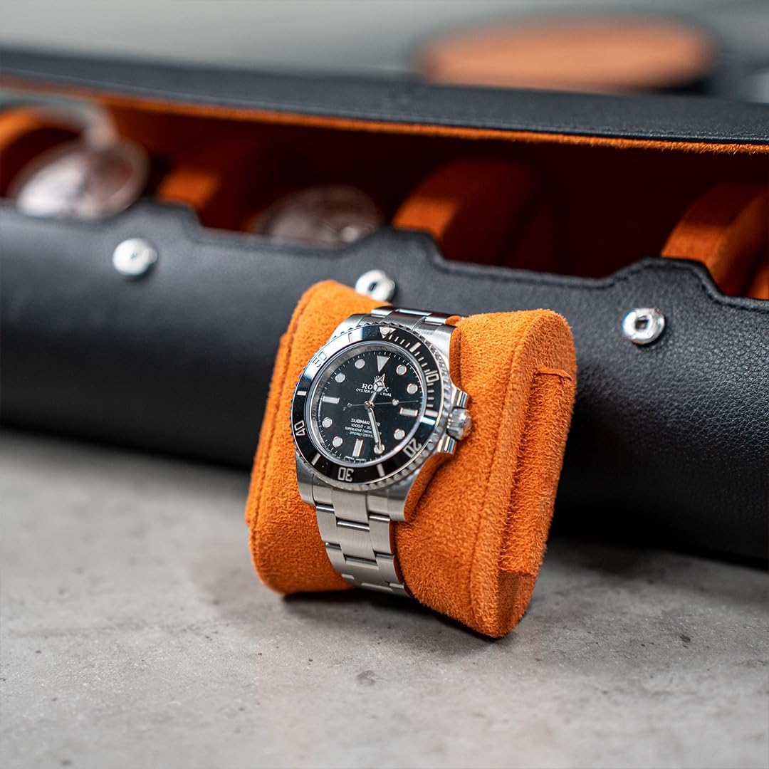 DailyWatch | Watch Roll Travel Case For 4 Watch | Luxury Watch Case In Genuine Black Leather With Soft Velvet Interior | Watch Case Protect, Store, & Display Your Watches | Black Orange