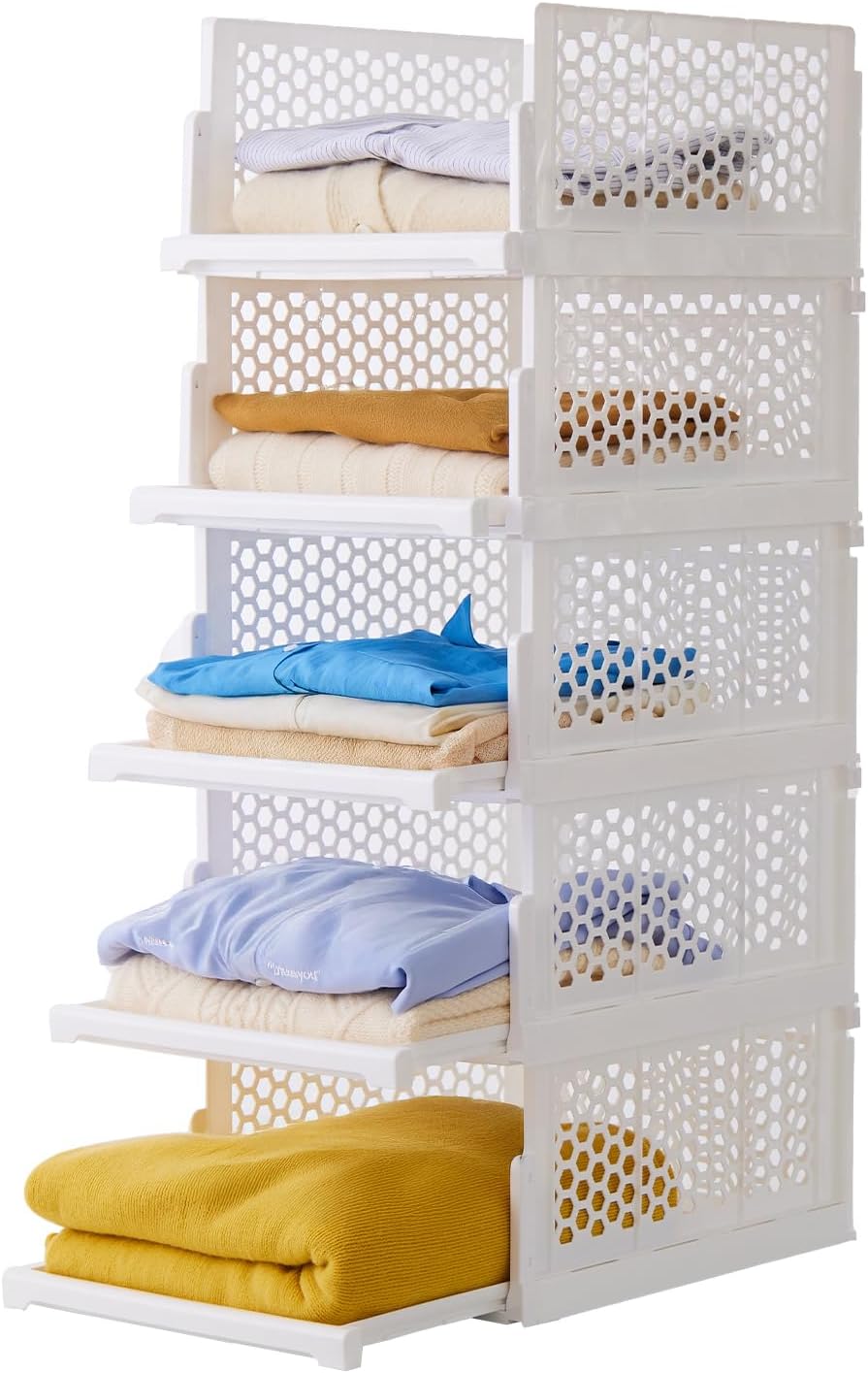 Pull-out Plastic Storage Basket,Stackable Closet Organizers Drawer Anti-Tipping, Reinforced Stable Shelf Container for Bathroom Laundry Room Storage, Space-Saving Clothes Storage (White, 5L)