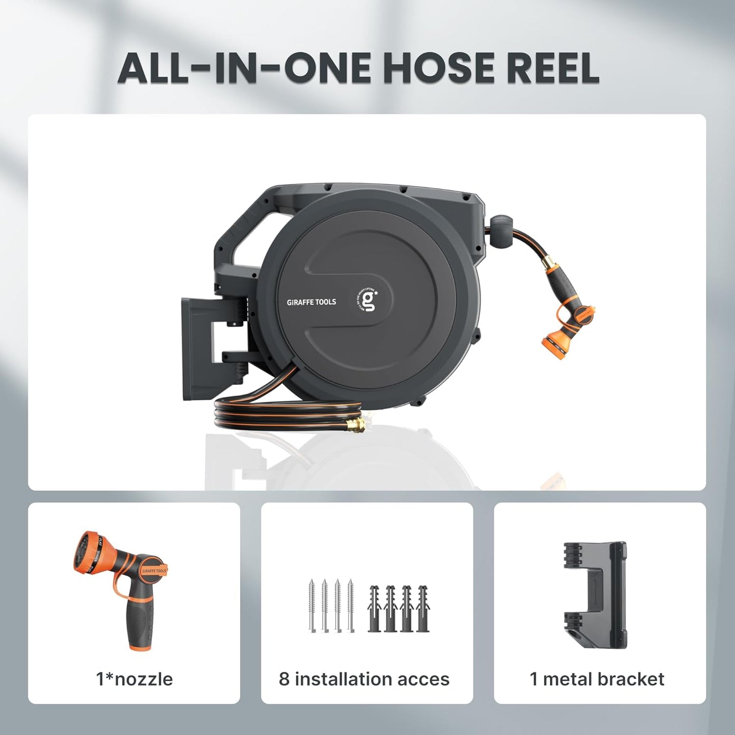 Giraffe Tools PRO Heavy Duty Retractable Garden Hose Reel - 78ft 1/2 Inch Auto Rewind with Any-Length Lock, Wall Mounted Metal Bracket, Commercial Grade for Patio & Lawn (Dark Grey)