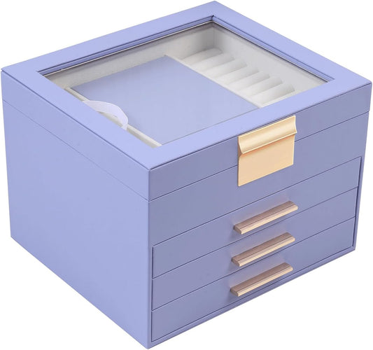 BOOVO Clear Lid Jewelry Box,4 Layers Jewelry Organizer Large Jewelry Storage Box with 3 Drawers,Jewelry Holder Organzier of Rings Earrings Necklace Bracelets for Women (Purple, 4 Layer)