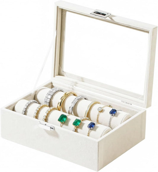 Bracelet Display Holder with Clear Lid, Jewelry Storage Organizer Box Case with Rods for Bangles, Watches, Women (Beige)