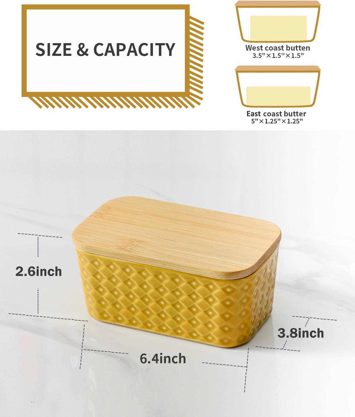 Hasense Ceramic Butter Dish with Sealing Lid, Large Yellow Butter Container for Countertop Airtight Butter Stick Covered Keeper Storage,Embossed Pattern,Easy Clean Dishwasher Safe