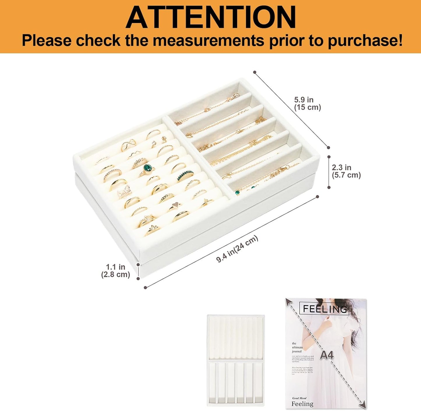 ProCase Stackable Jewelry Organizer Trays for Drawers, Jewelry Drawer Inserts Container Display Case Storage for Earring Necklace Rings Bracelet with Removable Dividers -Warmwhite, 2 Layers