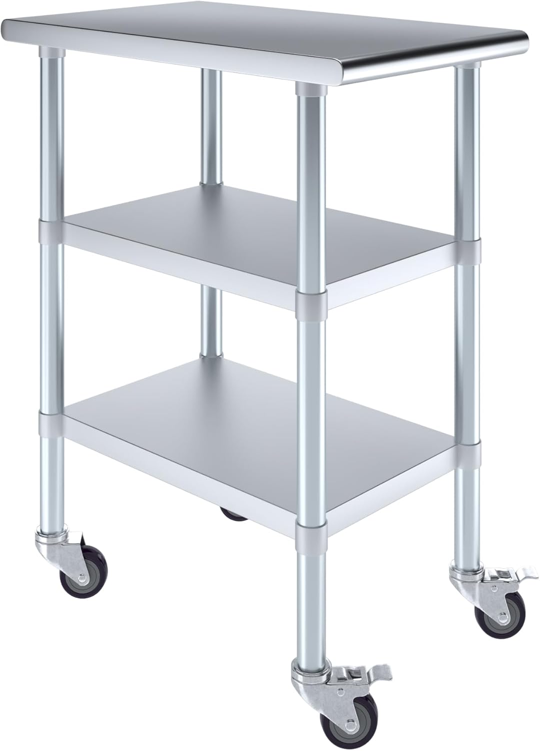 AmGood Stainless Steel Work Table with 2 Shelves and Casters | Metal Utility Table On Wheels (Stainless Steel Work Table with 2 Shelves + Casters, 18" Long x 30" Deep)