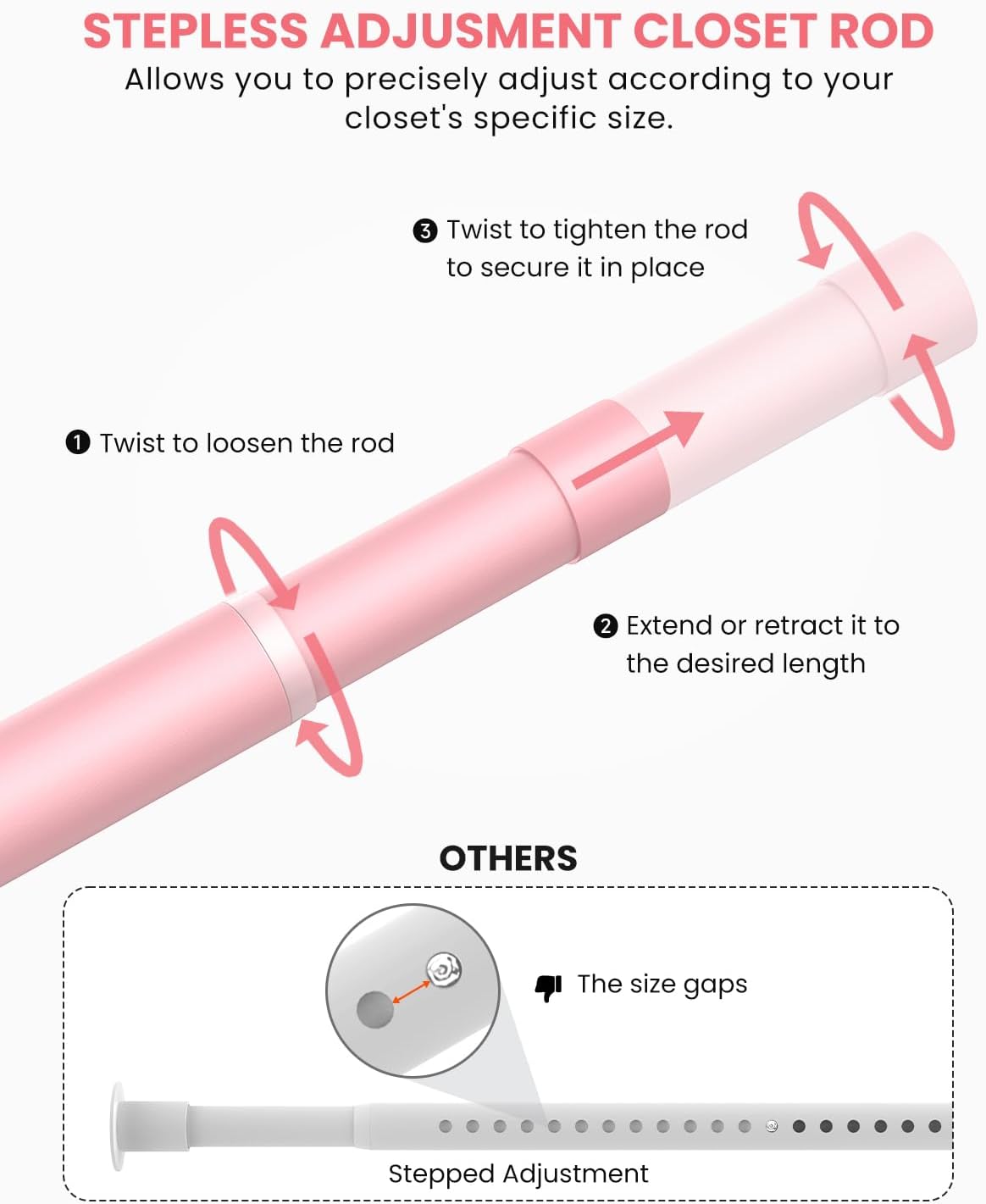 Closet Rods for Hanging Clothes, 17 to 84 Inches Stepless Adjustable Metal Closet Rod, 1.3 Inches Heavy Duty Clothes Hanging Rod for Closet Wardrobes Laundry RV, Pink