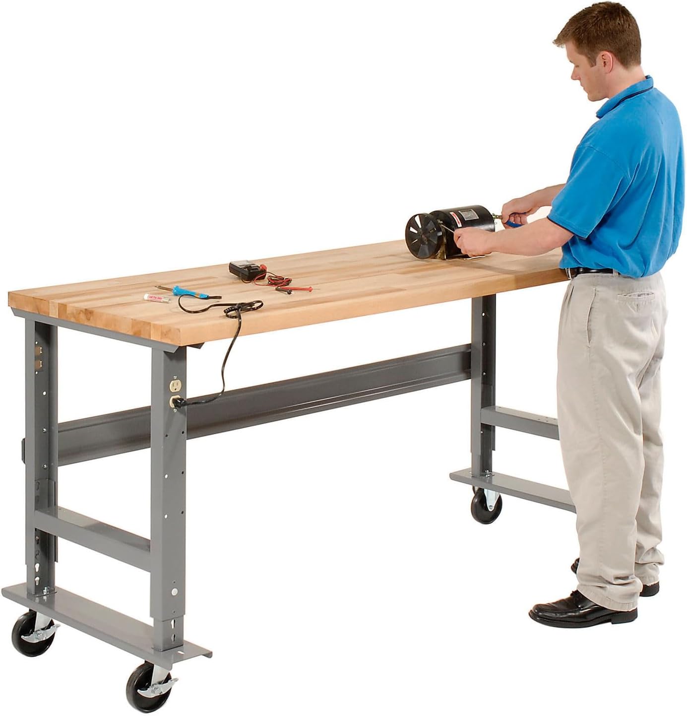 Global Industrial Mobile Adjustable Height Workbench, Maple Butcher Block Square Edge, 72" W x 30" D, Gray