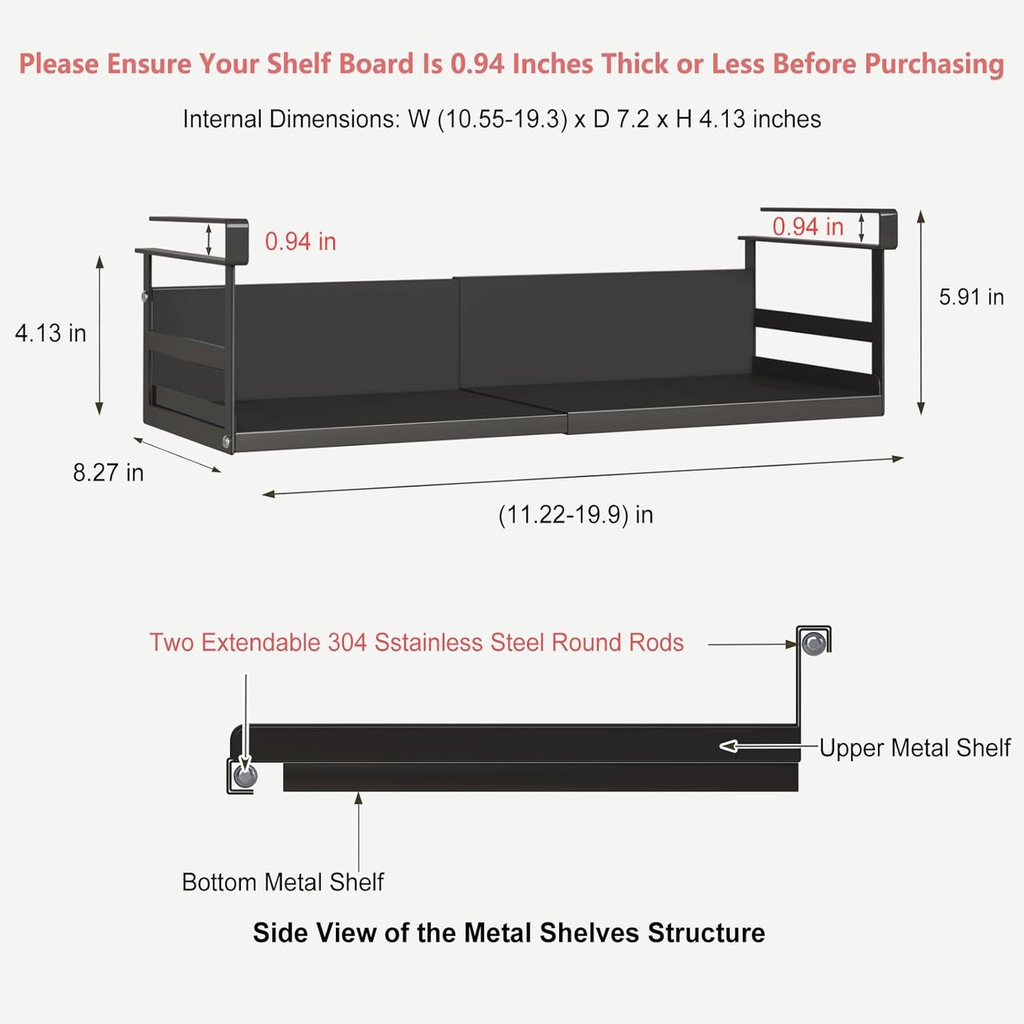 Expandable Under Cabinet Shelf Organizer with 0.94-Inch Thick Clips, Heavy Duty Extendable Under Shelf Storage Basket for Pantry or Laundry Room, Black, 1 Pack, Interior: 4.13" H x 7.2" D