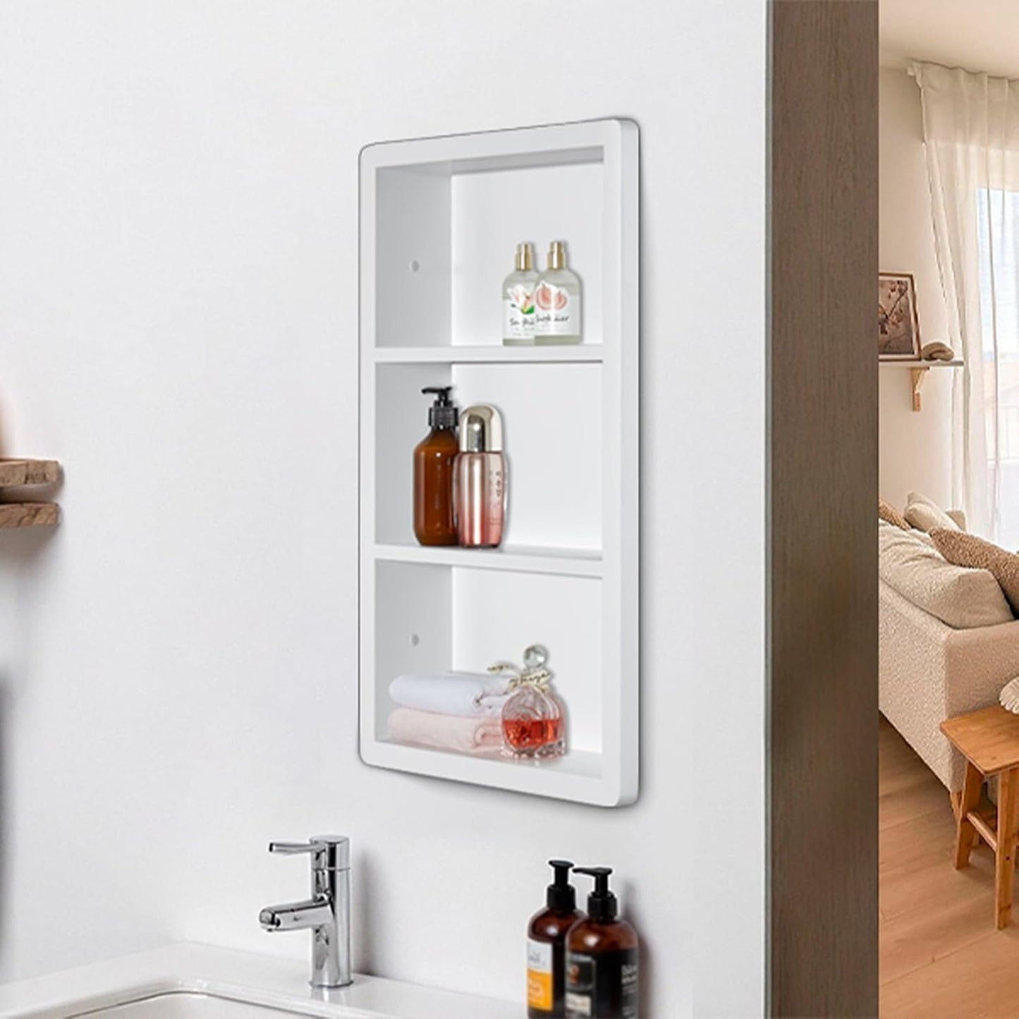 Recessed Medicine Cabinet No Mirror - 14x24 Bathroom Storage Wall Cabinet with 2 Shelves, 304 Stainless Steel Shower Niche, Matte White Waterproof for Bathroom, Toilet, Vanity