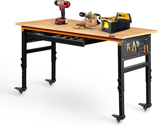 Betterhood 60" Adjustable Workbench for Garage, Rubber Wood Shop Table W/Wheels & Double Pegboards & Drawer, 2000 LBS Load Capacity Hardwood Worktable for Workshop, Garage, Office, Home, Commercial