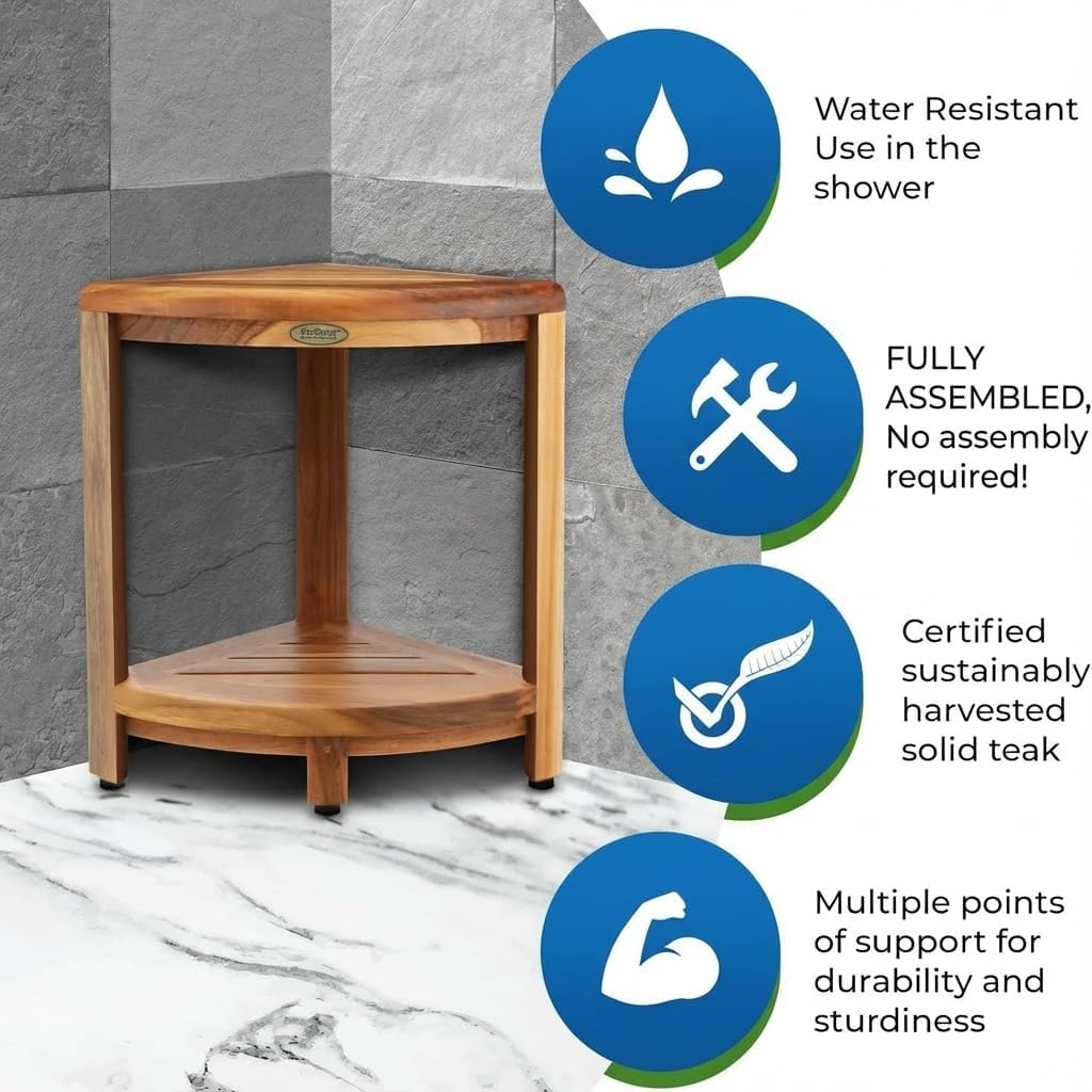 EcoDecors Fully Assembled SnazzyCorner® 18" Teak Shower Bench, Corner Shower Stool, w Shelf in Earthy Teak Finish, Compact Fit for Small Bathrooms & Walk-in Showers – Slip-Resistant Feet, Sauna Bench