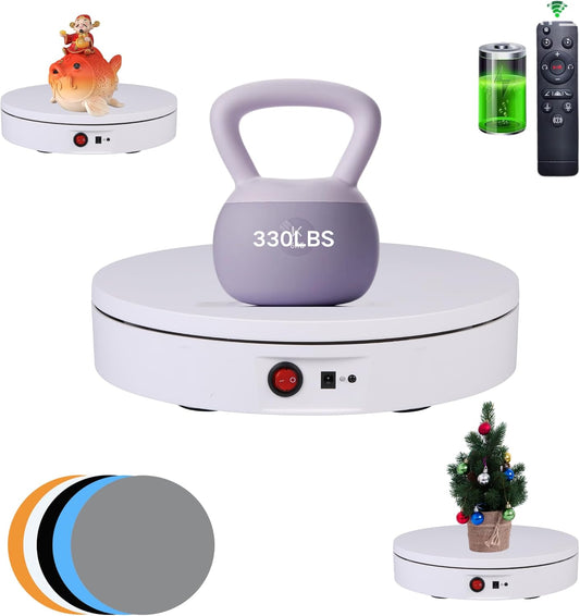 JAYEGT Motorized Rotating Display Stand，330 Lbs Load，360 Degree Electric Rotating Photography Turntable For Products Display，Video Show, Live Show，Remote Control +5 Colors Backgrounds(White / 11.8inch / Rechargeable)