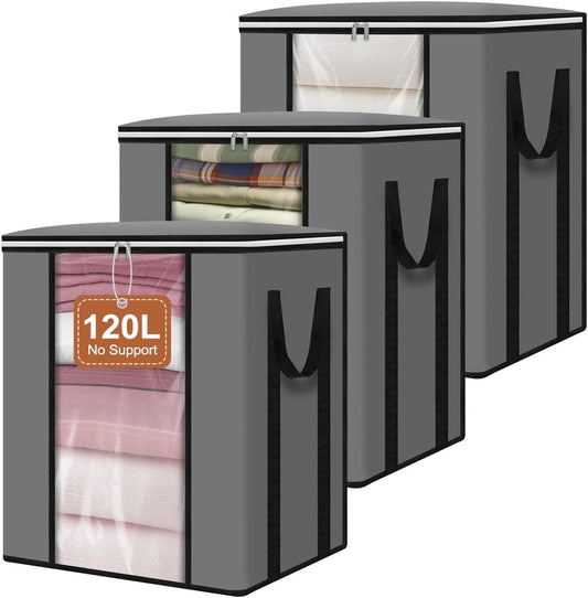 punemi 120L Blanket Storage Bags, Foldable Clothes Storage Organizer with Zipper, Reinforced Handle & Clear windows, Large Storage Bags for Blanket, Comforter, Bedding, Pillow, Clothes, 3Pack, Gray