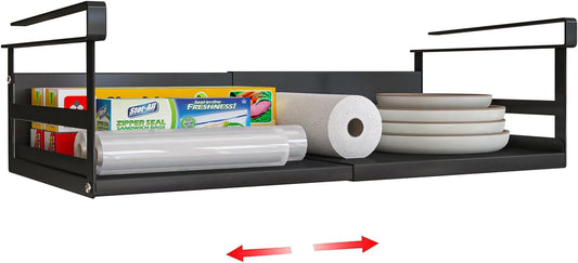 Expandable Under Cabinet Shelf Organizer with 0.94-Inch Thick Clips, Heavy Duty Extendable Under Shelf Storage Basket for Pantry or Laundry Room, Black, 1 Pack, Interior: 4.13" H x 8.54" D