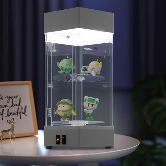 2-Tier Electric Rotating Jewelry Display Case with LED Lights - Acrylic Hexagonal Showcase with Lockable Door - for Watches, Cosmetics & Collectibles