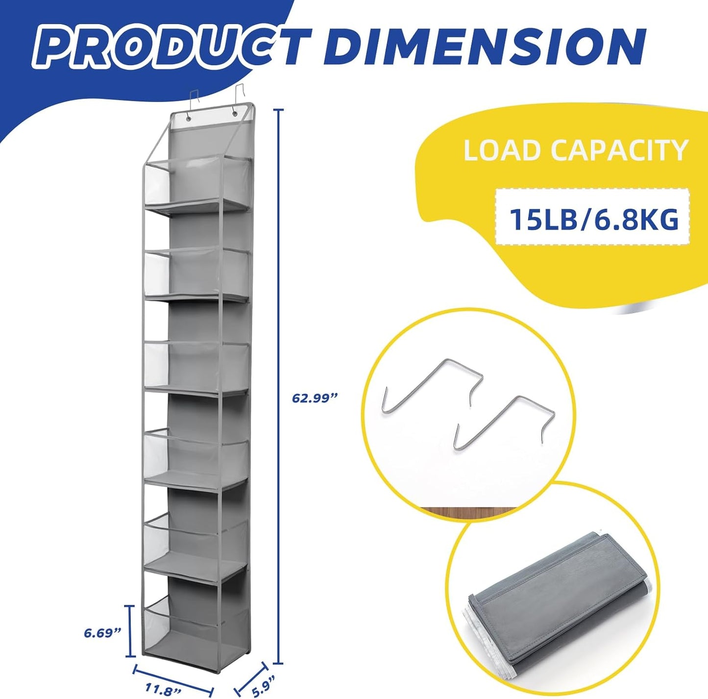 2 Packs Over The Door Organizer - 6-Shelf Hanging Storage Organizer with Clear Plastic Pockets - Large Capacity Pantry Storage Shelf for Bathroom, Bedroom, Nursery (Grey)