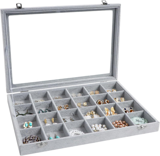 Wudygirl Jewelry Organizer Velvet Jewelry Tray 24 Grid Jewelry Box Earring Holder Organizer Removable Display Case Organizer Glass Top Lid & Lock (24 Grid)