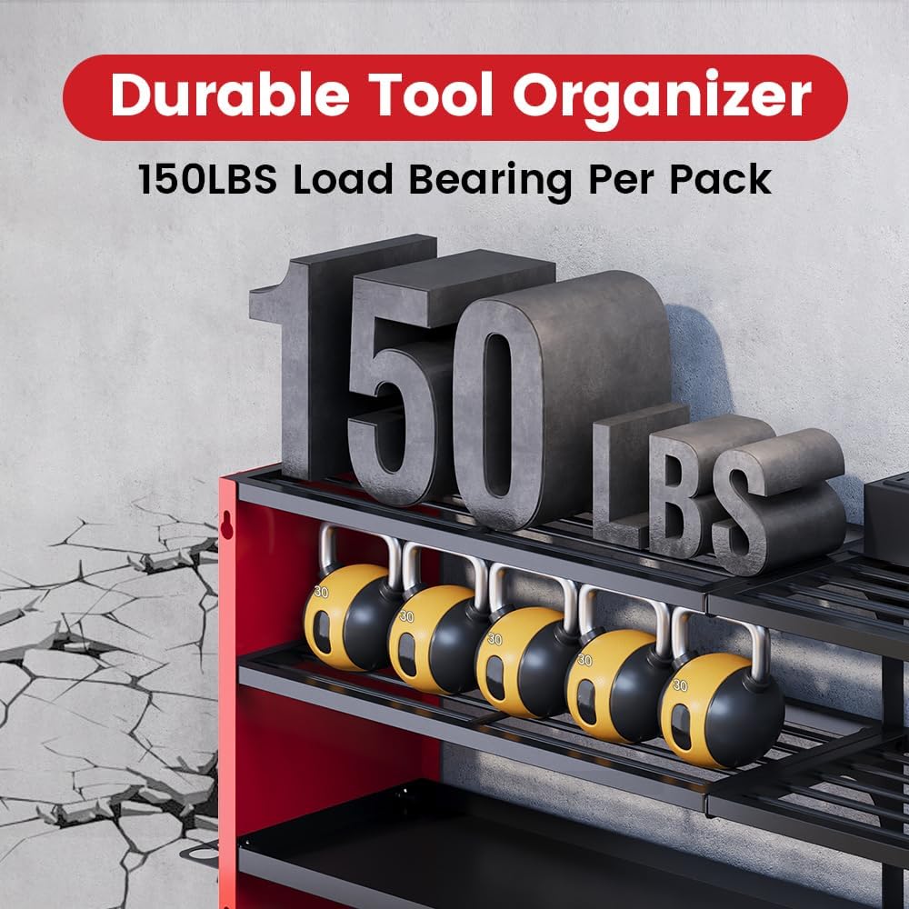 4 Layers Power Tool Organizer Wall Mount with Power Strip, Heavy Duty Metal Tool Shelf, 400lbs Capacity for Cordless Drills, Batteries & Garage Storage (12 Slots with 8 Outlets Power Strip)