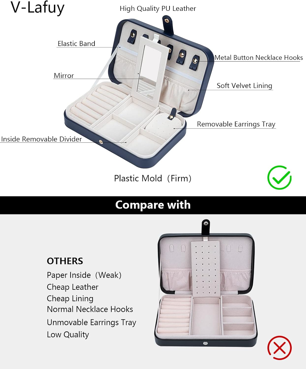 Travel Jewelry Case, Jewelry Box Small PU Leather Portable, Jewelry Travel Case for Rings Earrings Necklaces Bracelets Watch, Navy B