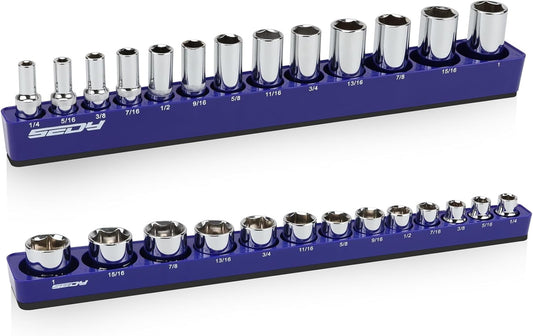 2-Piece 3/8"-Drive SAE Magnetic Socket Organizer Set (Holds 26 Sockets) - Detachable Tool Tray with 5mm Magnetic Base, Screw-Fixed Design & Heavy-Duty Modular Storage for Garage/Home Workshop