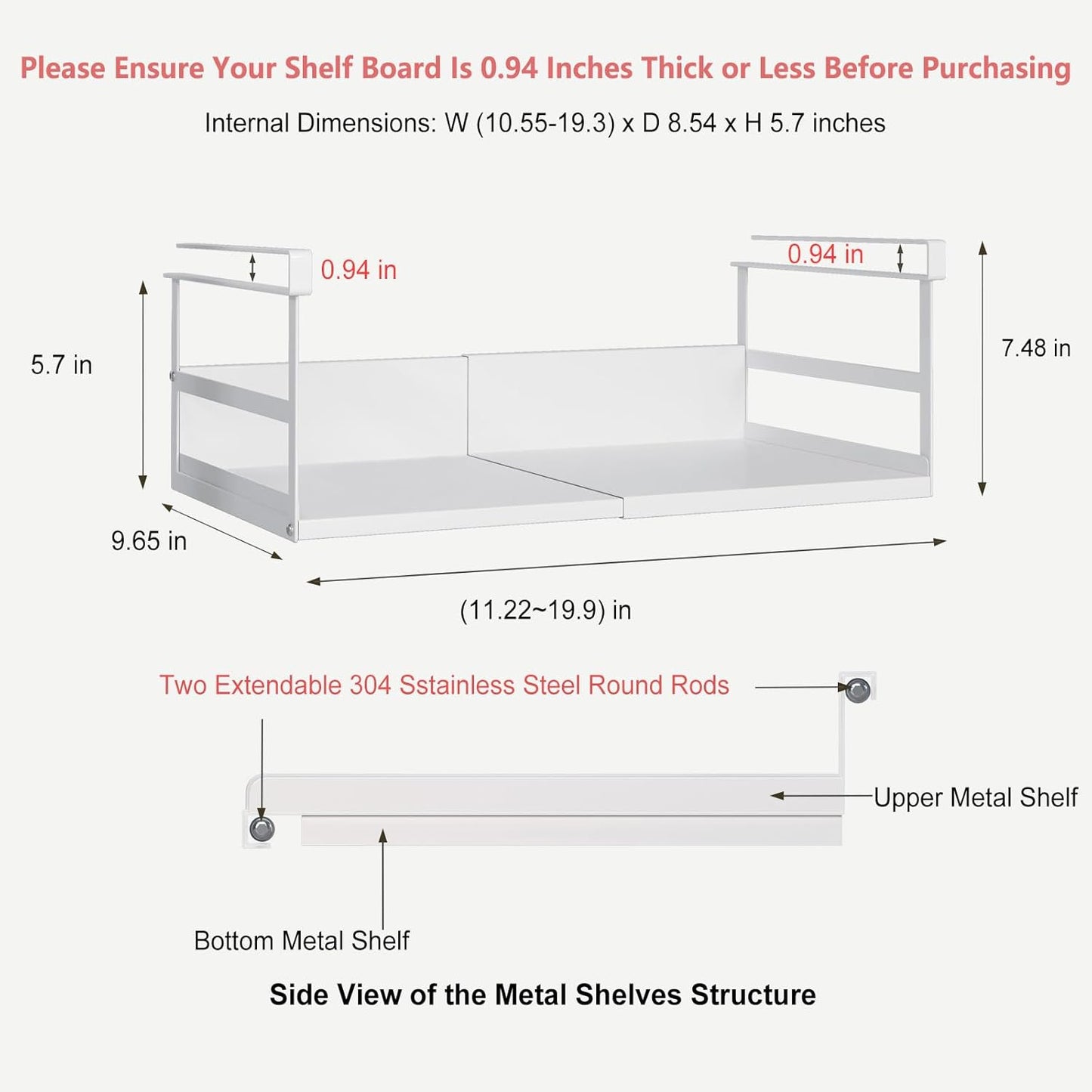 Expandable Under Cabinet Shelf Organizer with 0.94-Inch Thick Clips, Heavy Duty Extendable Under Shelf Storage Basket for Pantry or Laundry Room, White, 2 Pack, Interior: 5.7" H x 8.54" D