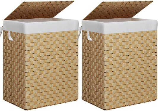 Foldable Laundry Hamper Basket with Lid by Fiona's magic, Handwoven 96L Large Clothes Hamper with Removable Liner Bags, Collapsible Tall Hamper for Bedroom, Bathroom and Dorm Organizer, 2Pack, Natural