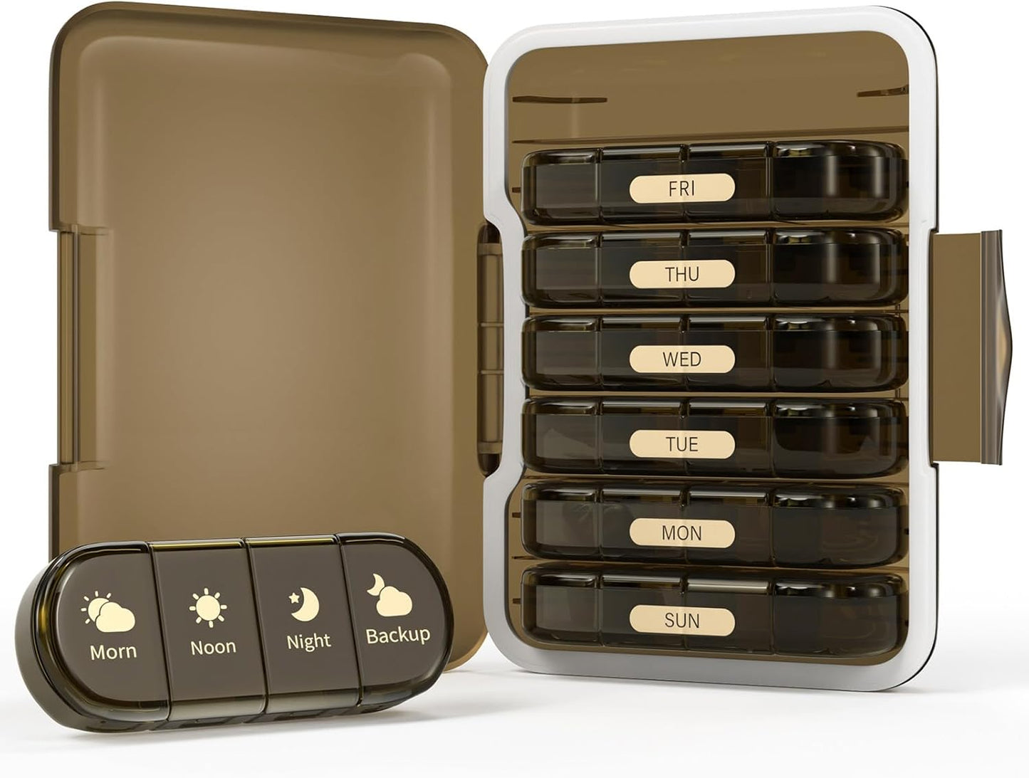 Weekly Pill Organizer 4 Times a Day, 7 Day Pill Box 4X, Portable for Travel Pill Case for Pills/Vitamin/Fish Oil/Medication/Supplements (4x7 Brown)