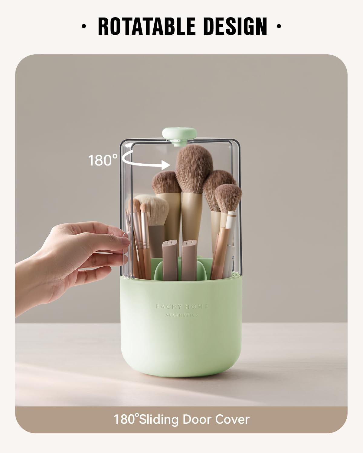 EACHY Makeup Brush Holder 360° Rotating with Dustproof Lid, Waterproof Material, 7 Compartments for Organized Storage, Stylish and Durable Design for Vanity (Green)