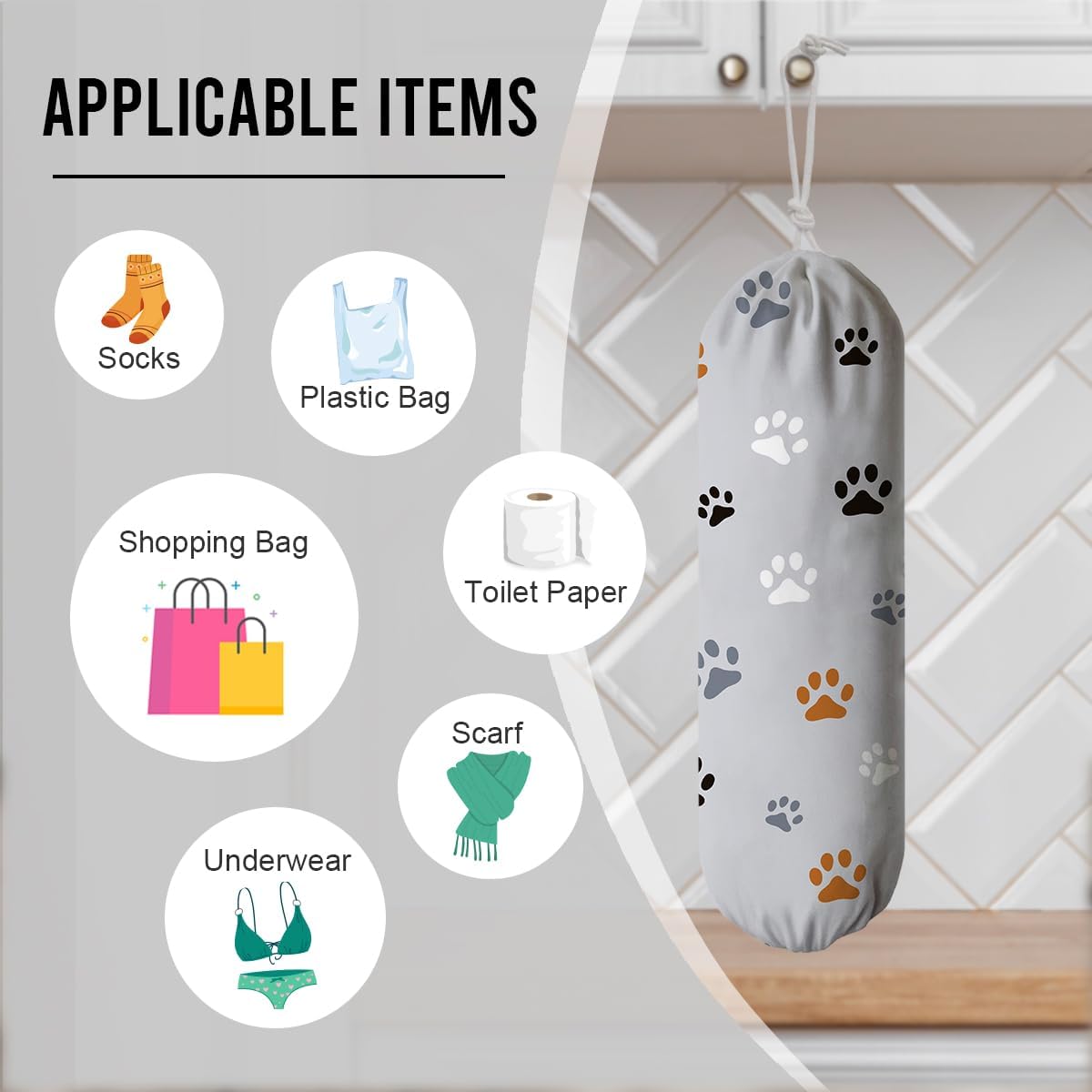 Paw Prints Plastic Bag Holder, Reusable Grocery Garbage Bags Holder, Wall Mount Plastic Bags Organizer, Kitchen Housewarming Gift for Women Dog Lover, Kitchen Pattern Garbage Bag 56