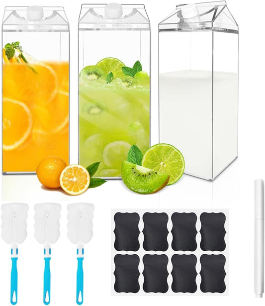 64 Oz Large Clear Milk Carton Container Plastic Square Milk Water Bottle Milk Container for Refrigerator for Outdoor Climbing Tour or Camping (3 Pcs)