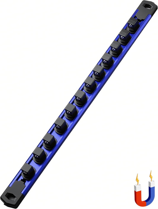 ALOANES 1/2-Inch Drive Magnetic Socket Organizer, Heavy Duty Aluminum Socket Rail Organizer, 360° Swivel Clips Socket Holder Kit for Tool Box, 1/2-Inch Socket Holder x 12 Clips (Blue)