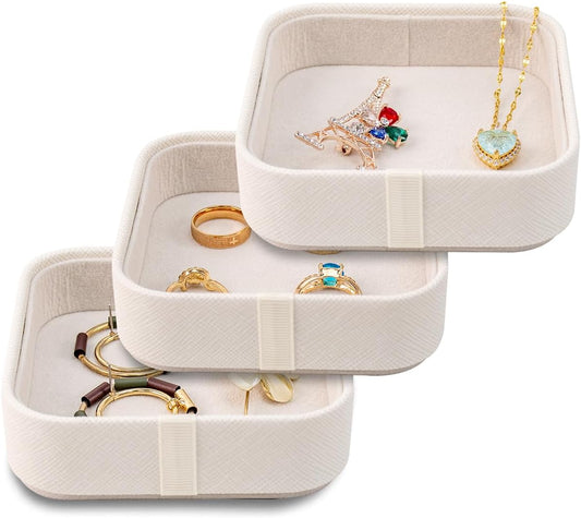 SANQIANWAN Set of 3 Small Stackable Jewelry Organizer Trays Mini Jewelry Drawer Oragnizer Small Jewelry Display Tray for Necklace Bracelet Rings Earrings and Makeup (White)