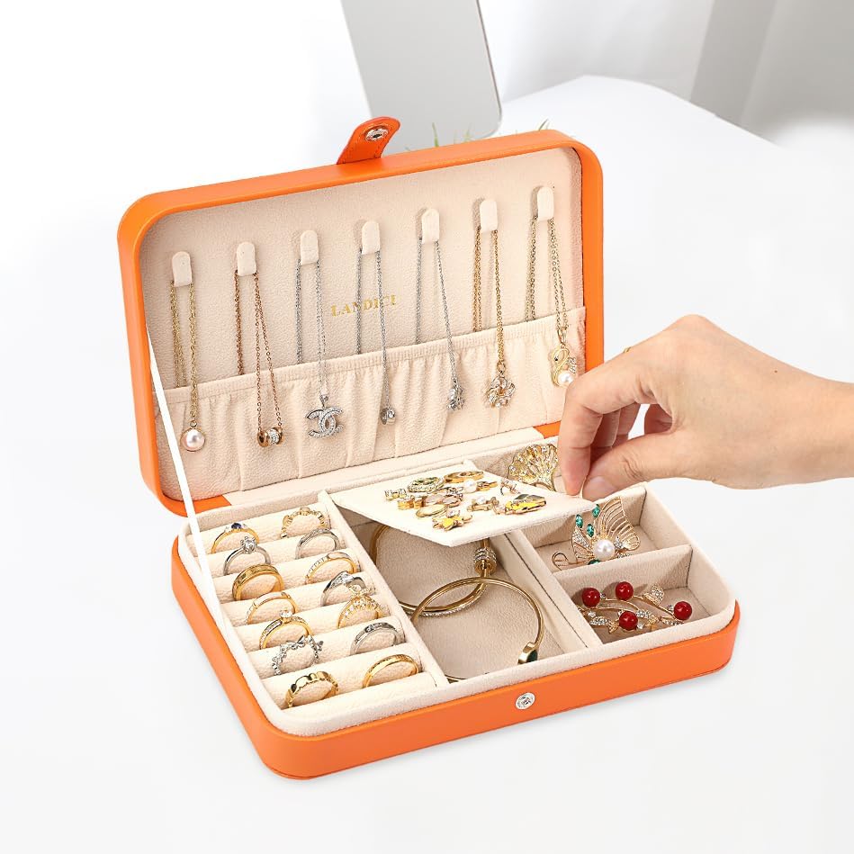 LANDICI Small Jewelry Box for Women Girls, PU Leather Travel Jewelry Case, Portable Jewelry Organizer Storage Holder Display for Ring Earrings Necklace Bracelet Bangle Men Kids Gift, Orange